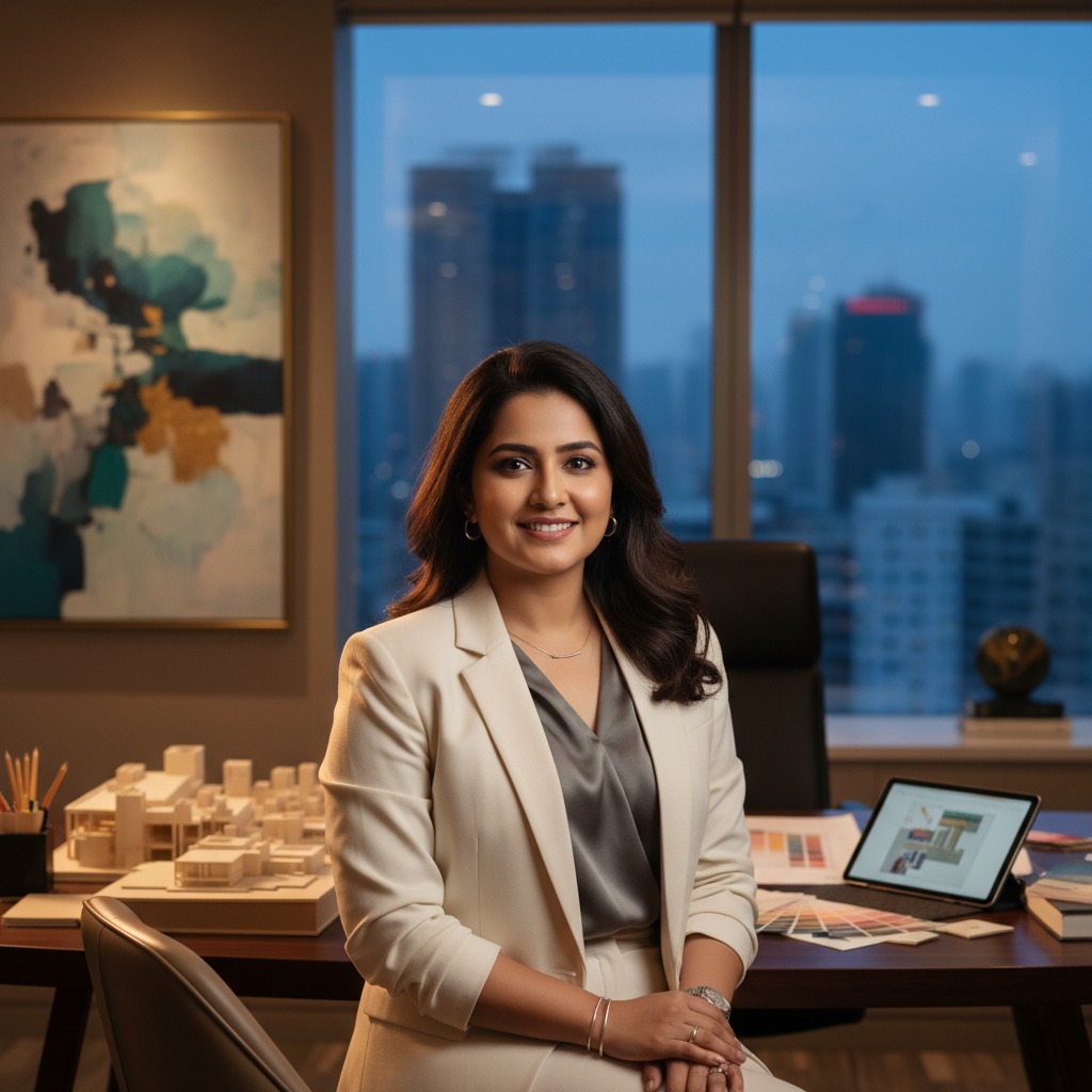 A smiling professional woman in a white suit sits at her office desk with architectural models and a city skyline visible through the window behind her.
